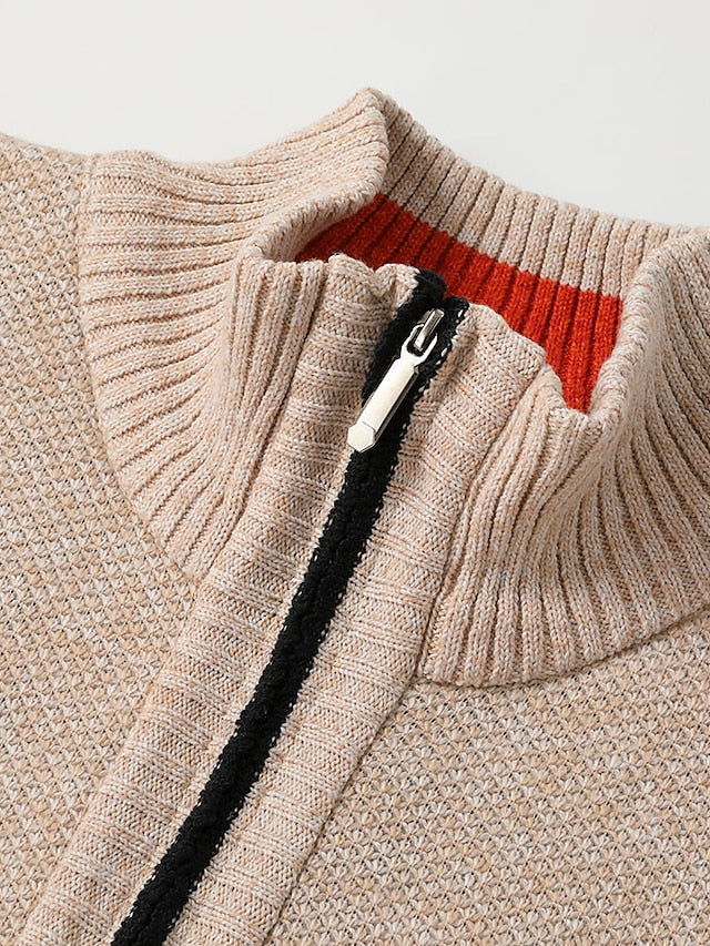 Warm men's full-zip cardigan sweater with a trendy plaid accent, ideal for fall & winter outerwear.