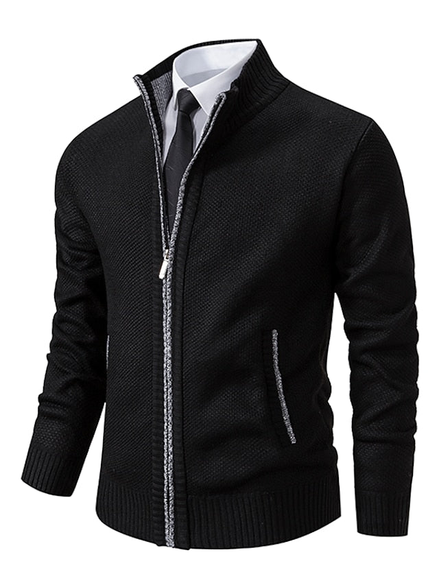Men's full-zip cardigan with a stand collar, practical pockets, and a stylish plaid accent detail.