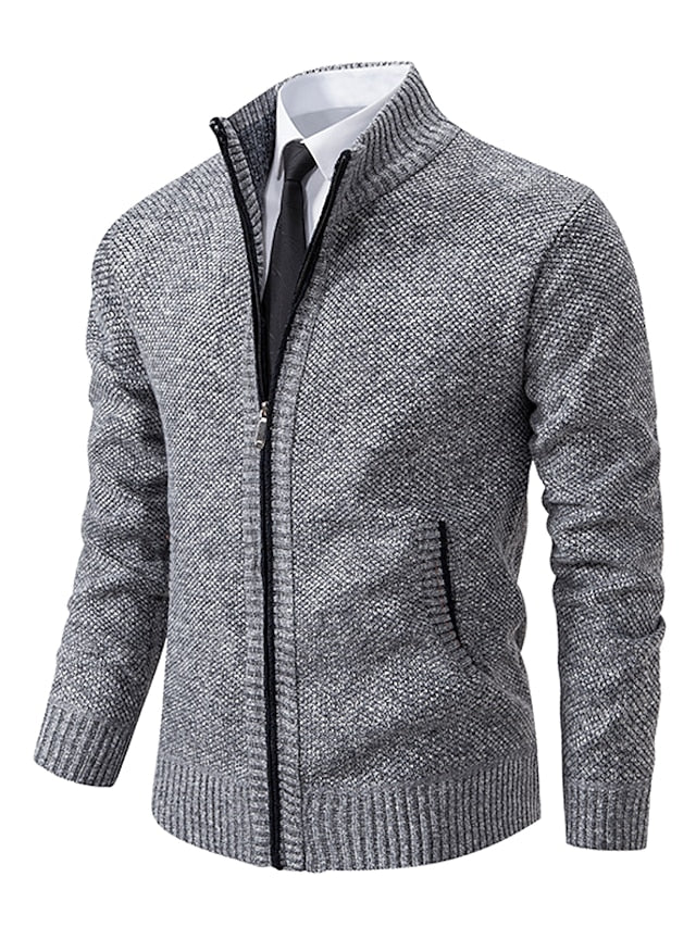 Fall/winter men's full-zip cardigan sweater, offering warmth & a sophisticated look with plaid accent.