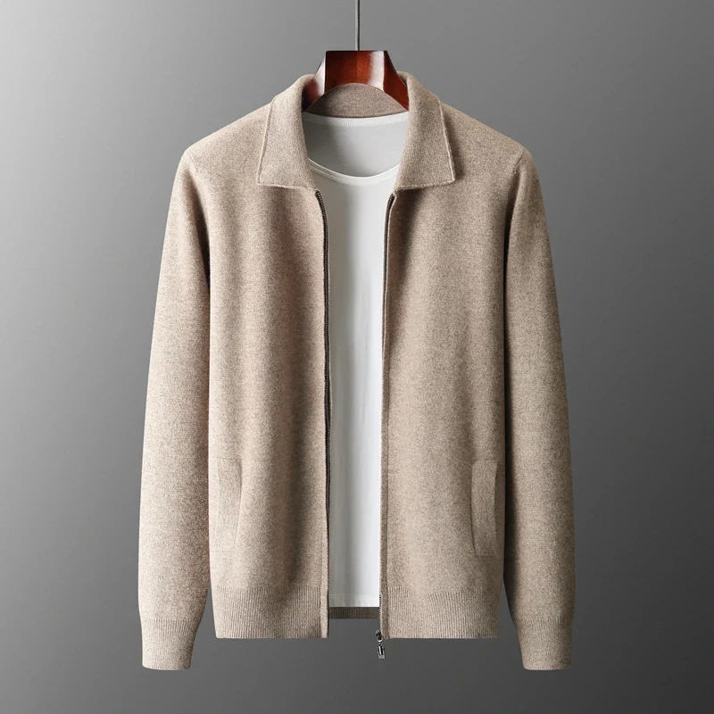 Men's full zip collared sweater with practical pockets, ideal for casual wear.
