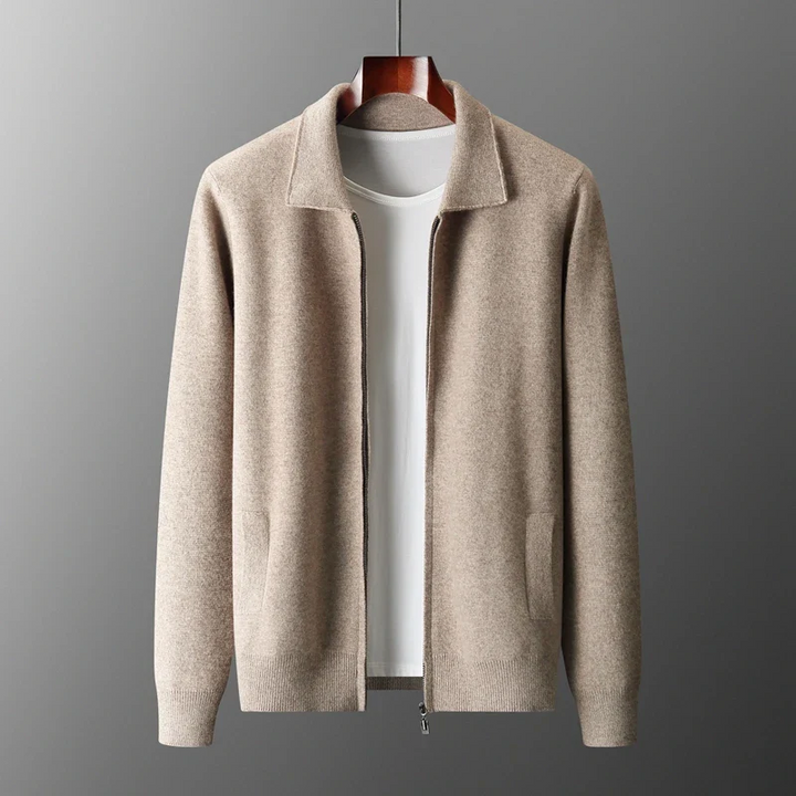 Men's full zip collared sweater with practical pockets, ideal for casual wear.