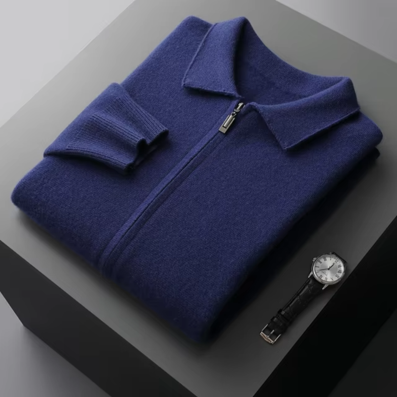 Soft men's knit full zip sweater, collared and featuring practical pockets.