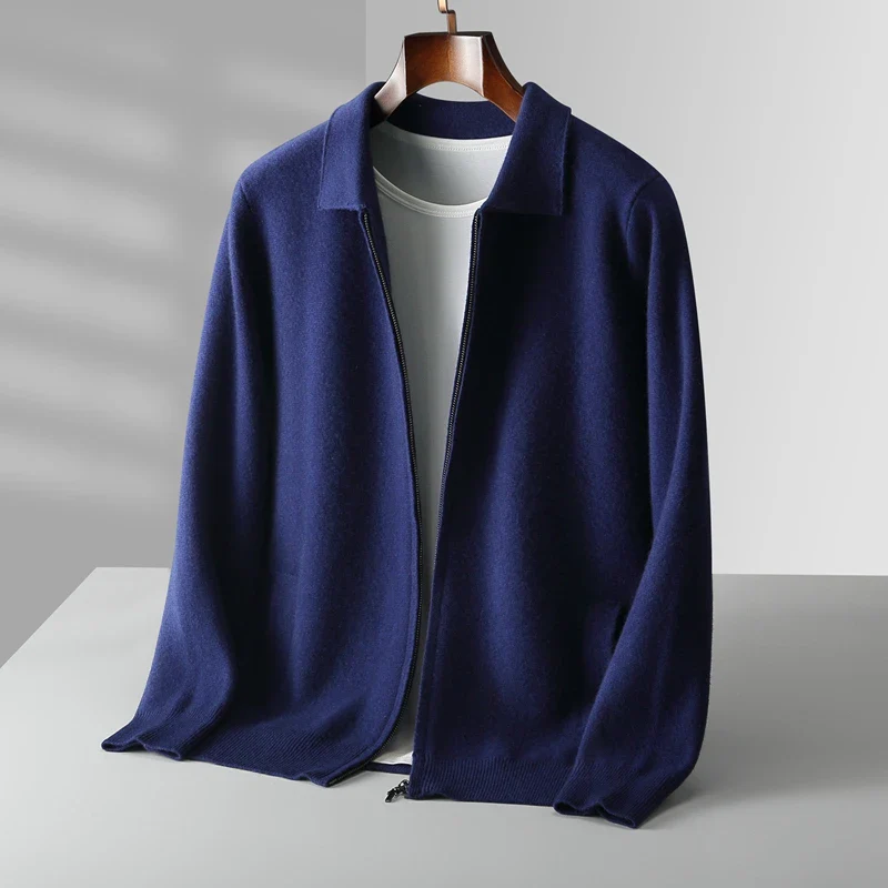 Men's essential full zip collared sweater with pockets, versatile for any casual outfit.