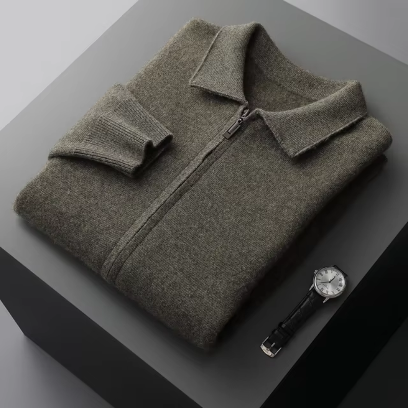 High-quality men's full zip collared sweater, durable knit with functional pockets.
