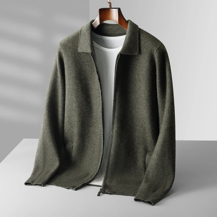 Fashionable men's full zip collared sweater, perfect for smart casual styling.