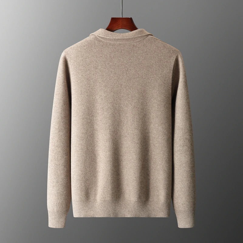 Stylish men's full zip knit sweater with a collared design and useful pockets.