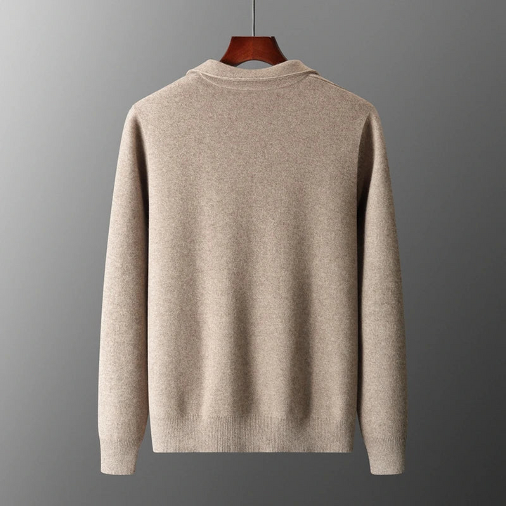Stylish men's full zip knit sweater with a collared design and useful pockets.