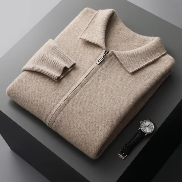 Versatile men's zip-up collared sweater, perfect for layering in fall & winter.