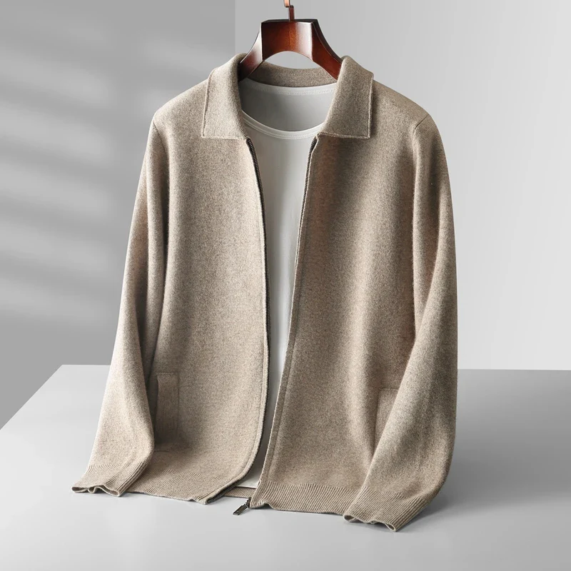 Modern men's fashion full zip collared knitwear, with practical front pockets.