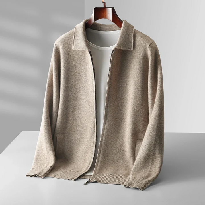 Modern men's fashion full zip collared knitwear, with practical front pockets.