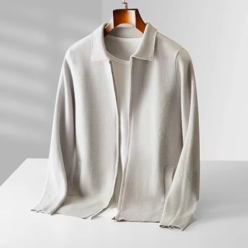 Cozy men's fall/winter full zip collared sweater, a warm and stylish knit.