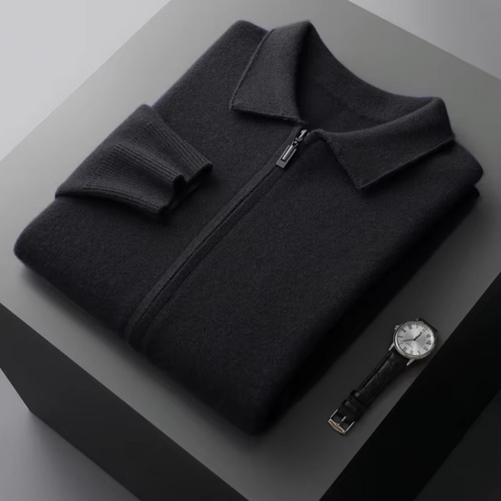 Men's full zip collared knit sweater, designed with handy pockets for convenience.