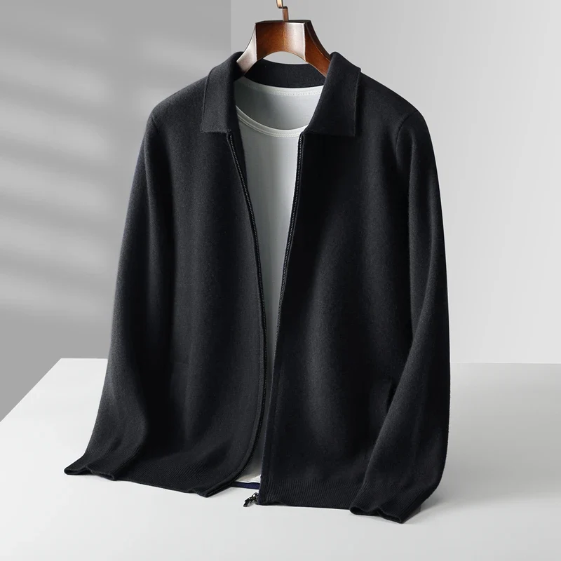 Man wearing a classic full zip collared sweater with pockets, great for layering.