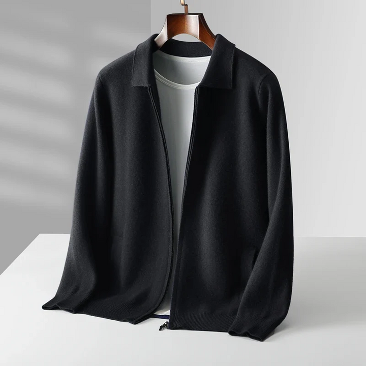 Man wearing a classic full zip collared sweater with pockets, great for layering.