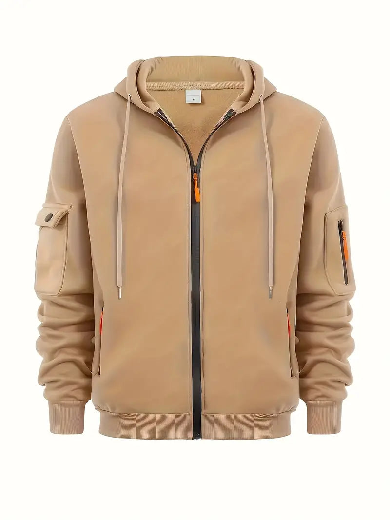 Comfortable men's full-zip cargo hoodie. Hooded top, ideal outerwear with utility pockets for casual wear.
