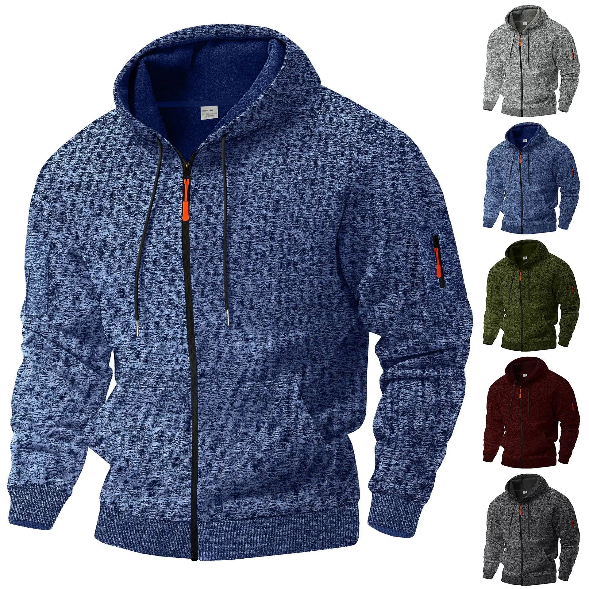 Slate gray men's full zip hoodie featuring a convenient utility pocket and ribbed cuffs
