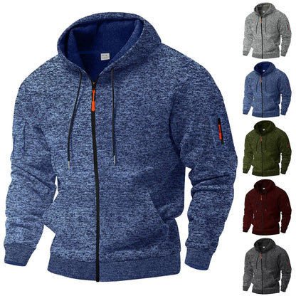 Slate gray men's full zip hoodie featuring a convenient utility pocket and ribbed cuffs