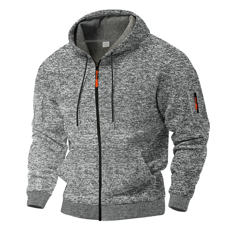 Black men's full zip hooded sweatshirt with an athletic fit and discreet utility pocket