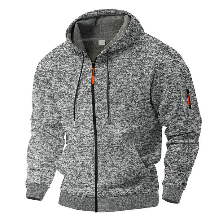 Black men's full zip hooded sweatshirt with an athletic fit and discreet utility pocket