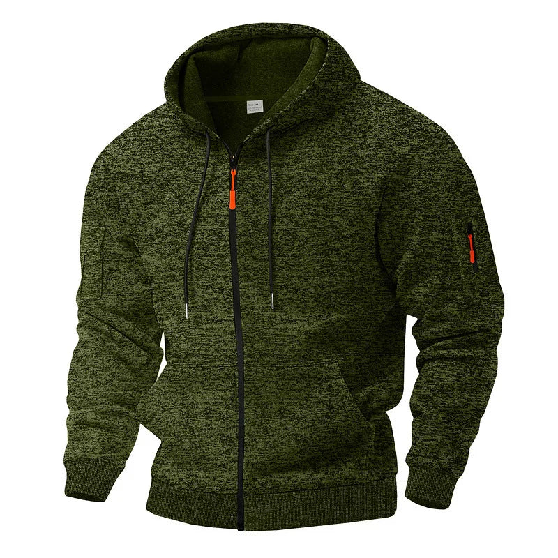 Comfortable men's full zip hoodie, perfect for outdoor activities with a utility pocket