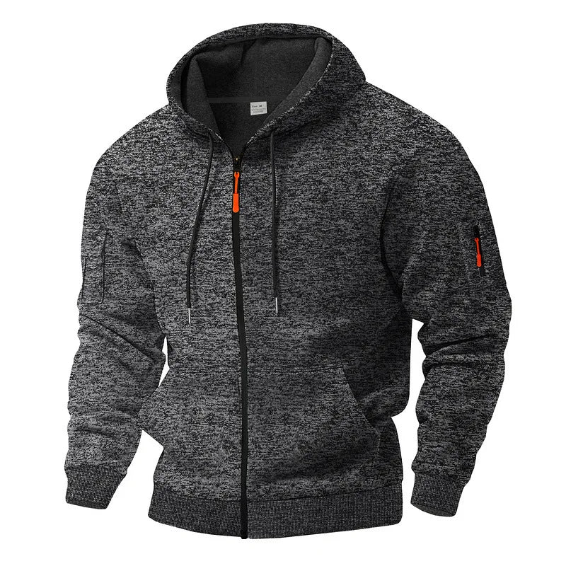 Stylish men's full zip hooded sweatshirt, great for urban casual wear, utility pocket