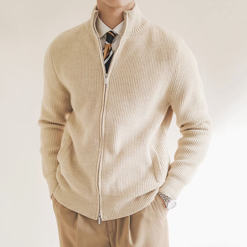 Men's full zip ribbed knit sweater in a cozy fabric, perfect for versatile layering and winter wear.