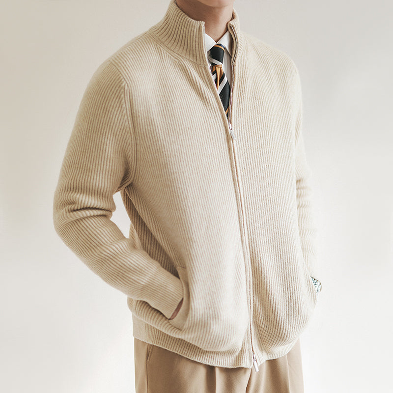 Stylish men's full zip cardigan with a ribbed knit texture, ideal for casual and fashionable layering.