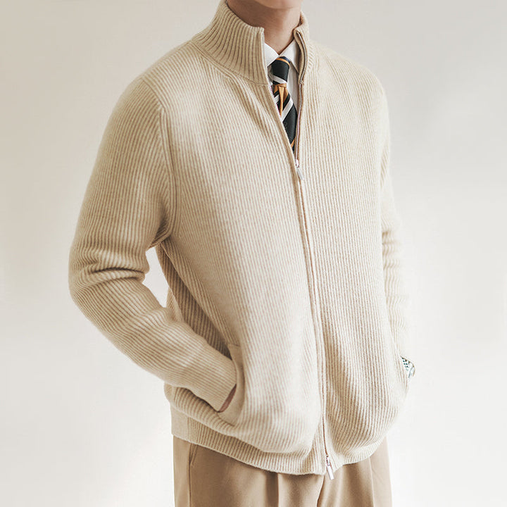 Stylish men's full zip cardigan with a ribbed knit texture, ideal for casual and fashionable layering.