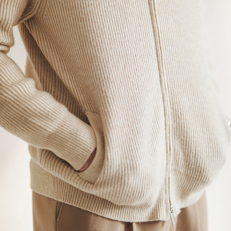 Comfortable men's full zip ribbed knit mock neck sweater for warmth, a great winter fashion piece.