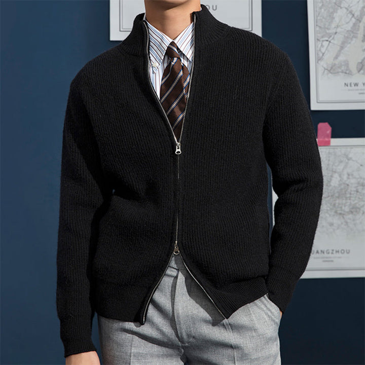 Soft men's ribbed knit full zip sweater, a versatile layering piece offering cozy comfort & style.