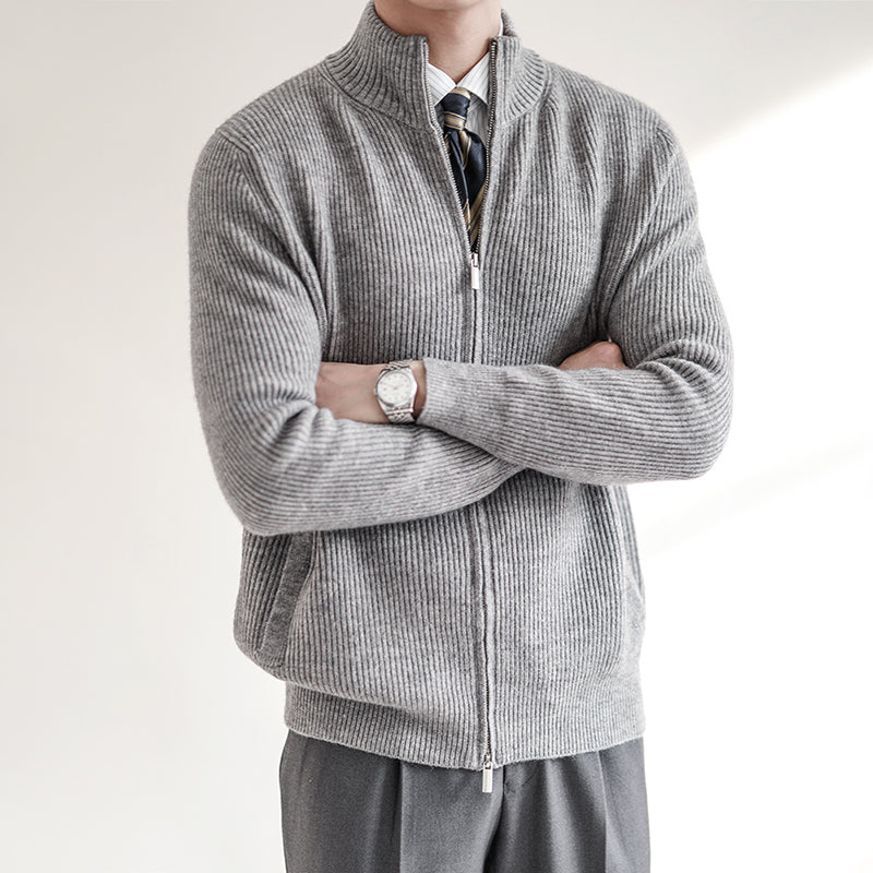 Men's full zip ribbed knit cardigan sweater, an essential for warm winter wear and casual style.
