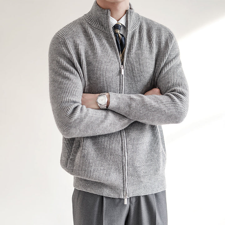 Men's full zip ribbed knit cardigan sweater, an essential for warm winter wear and casual style.