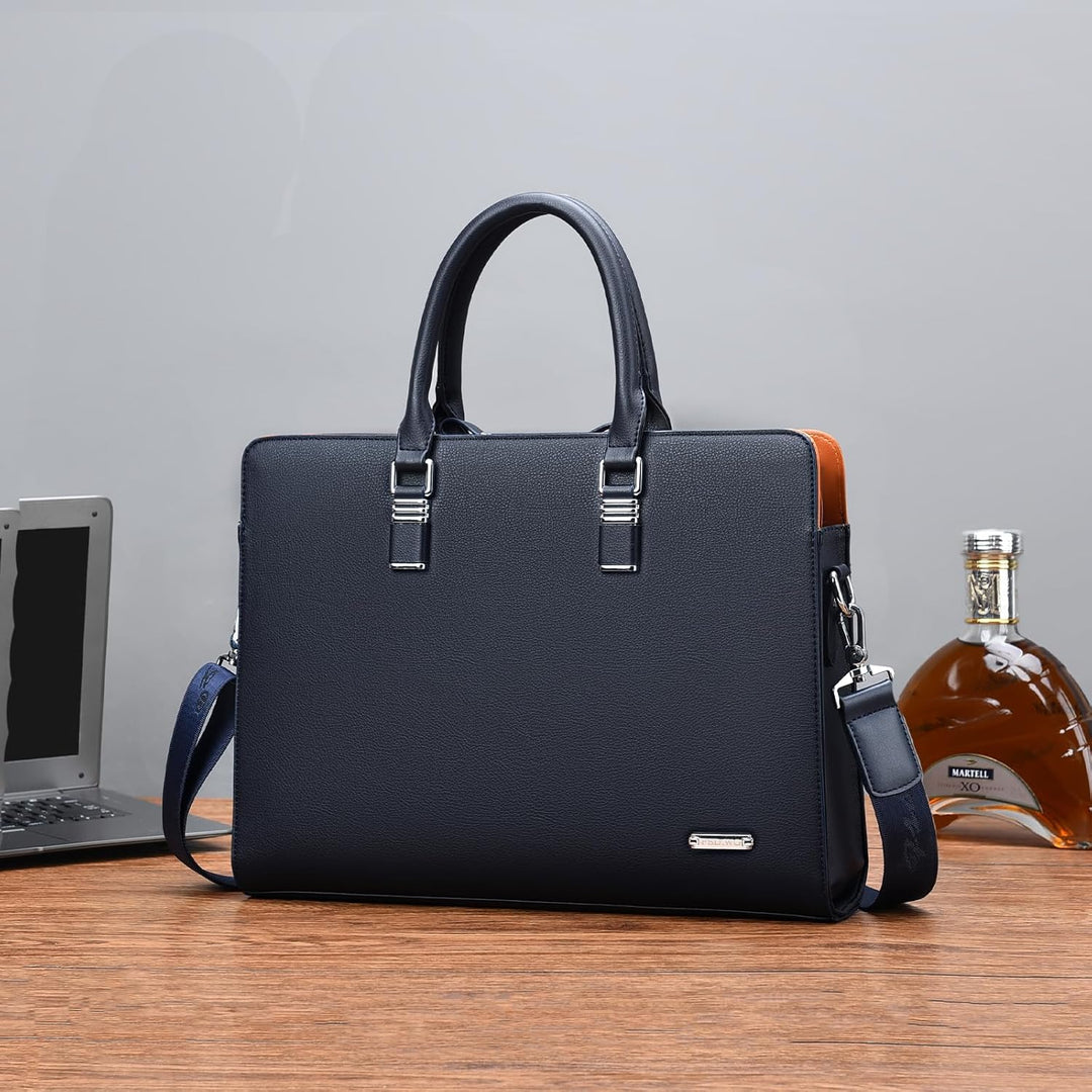 Men's genuine leather business briefcase with multi-compartment design for laptop & documents.