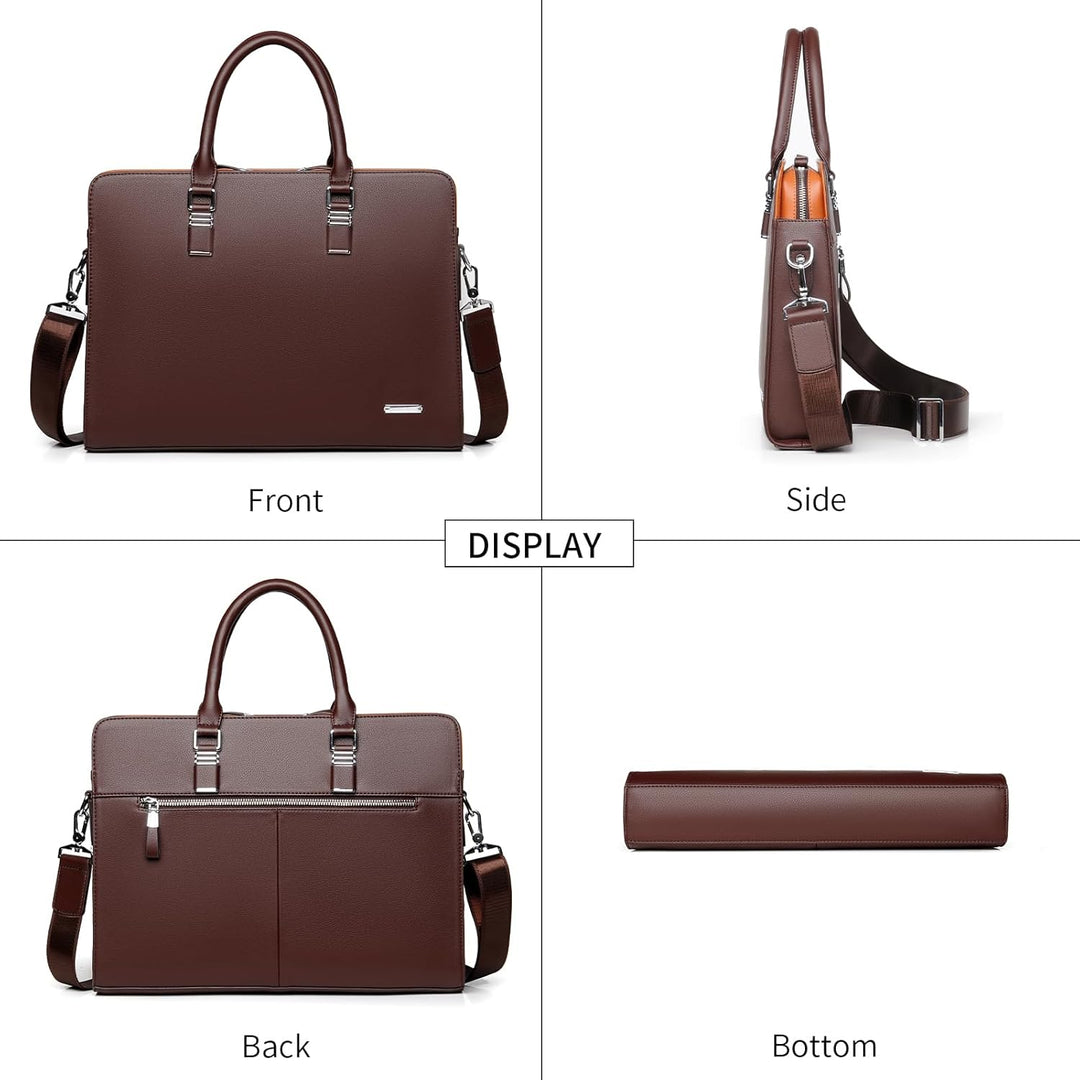 Modern men's leather laptop briefcase with adjustable strap for comfortable carrying.