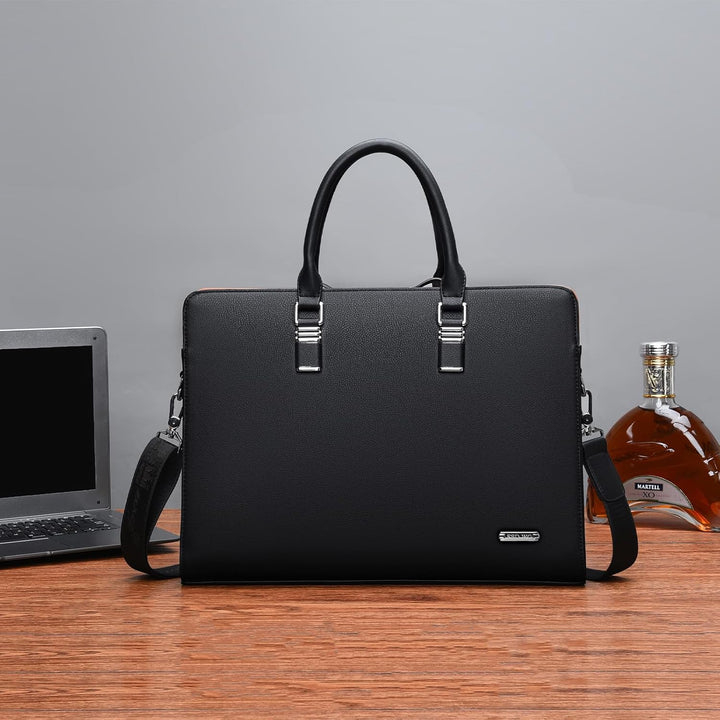 Sophisticated men's multi-compartment leather briefcase, designed for laptops and daily essentials.