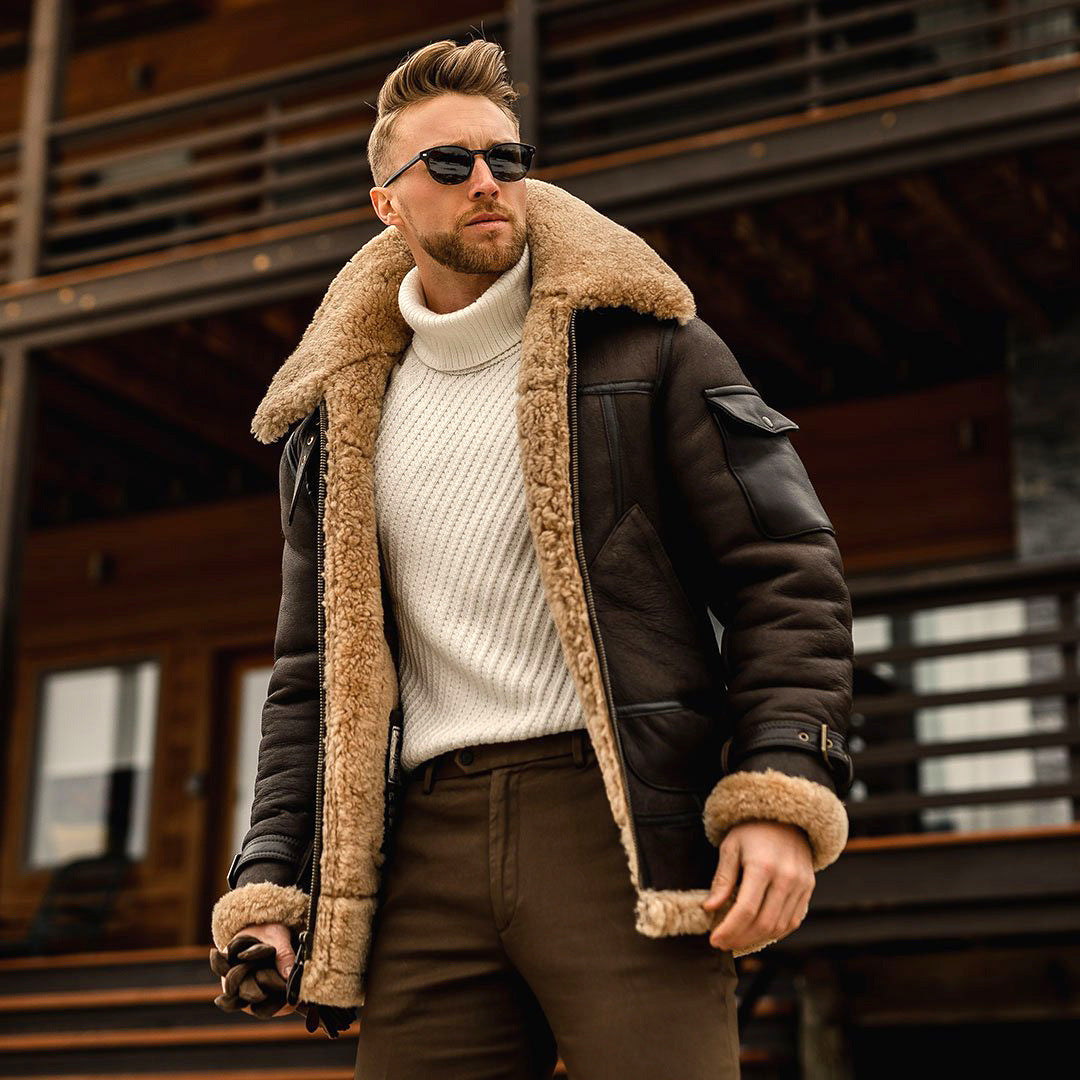 Men's genuine shearling aviator jacket, providing warm comfort and timeless classic style for winter outerwear.