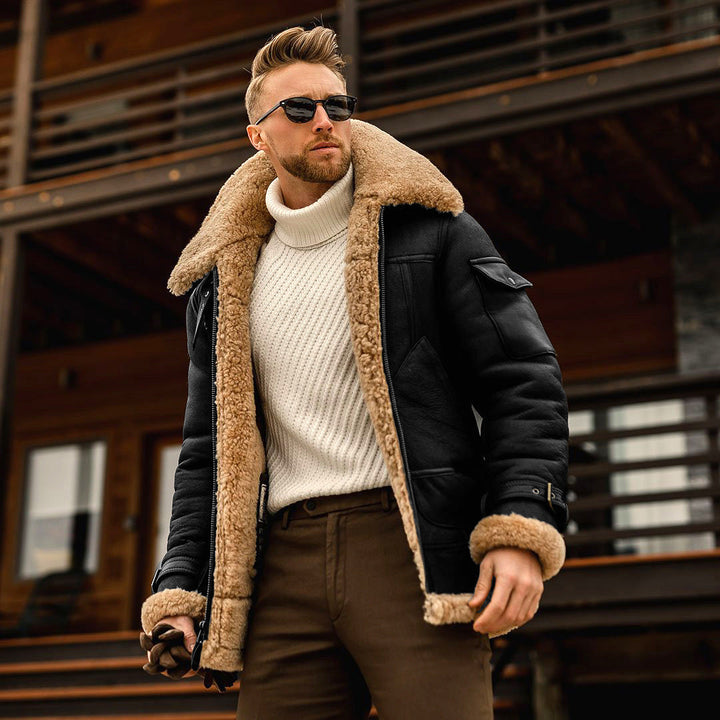 Rugged men's shearling aviator jacket in brown leather, perfect for cold weather fashion and casual or formal wear.