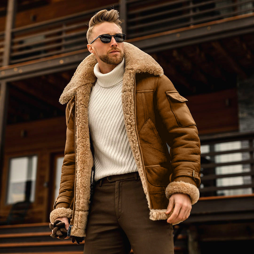 Warm men's shearling aviator jacket with a cozy collar, ideal winter coat for a classic, stylish menswear look.