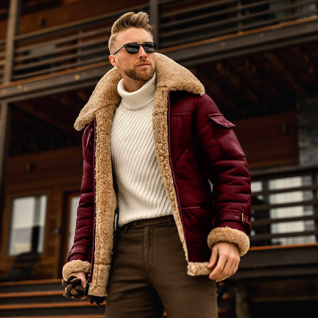 Premium men's shearling aviator jacket, a durable and stylish piece of outerwear for any cold weather occasion.