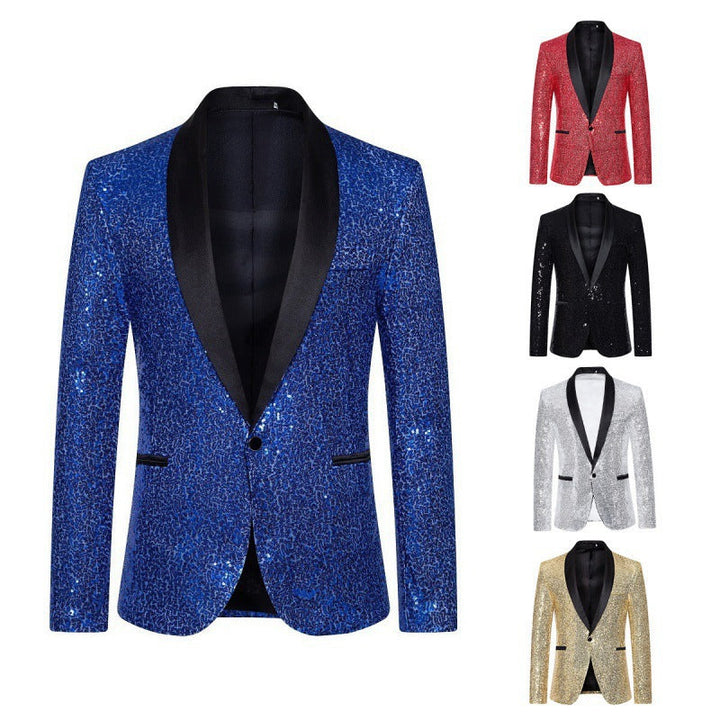 Men's glamorous black sequin blazer, modern slim fit, perfect party jacket for festive events & night out.