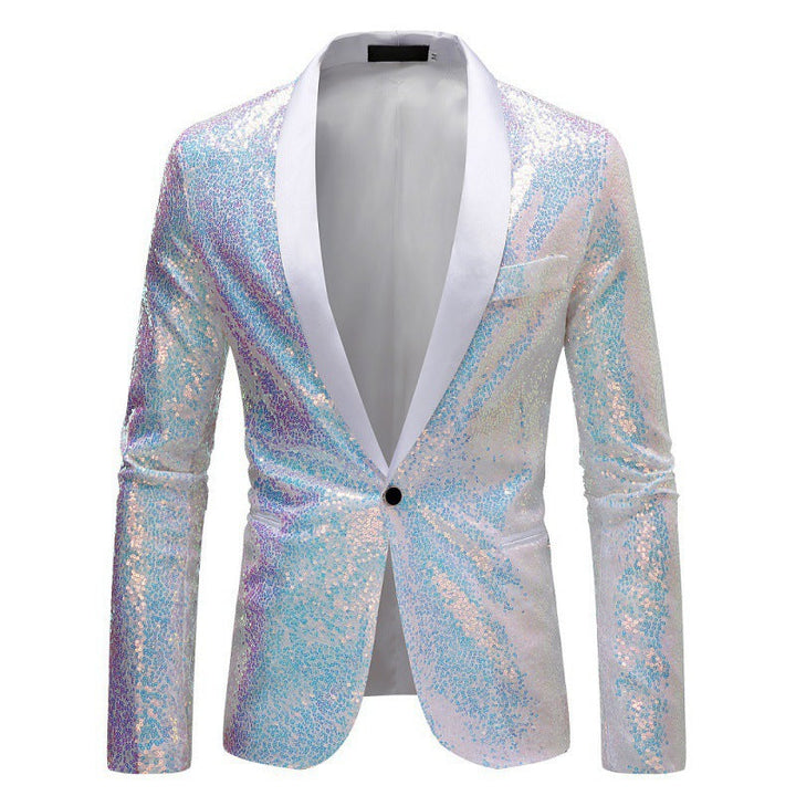 Detailed view: Men's black sequin party blazer, modern fit, ideal for a glamorous night out & events.