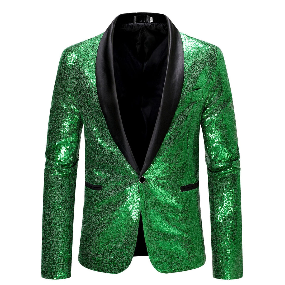 Sophisticated men's black sequin blazer, modern slim fit, perfect for a stylish night out or special event.