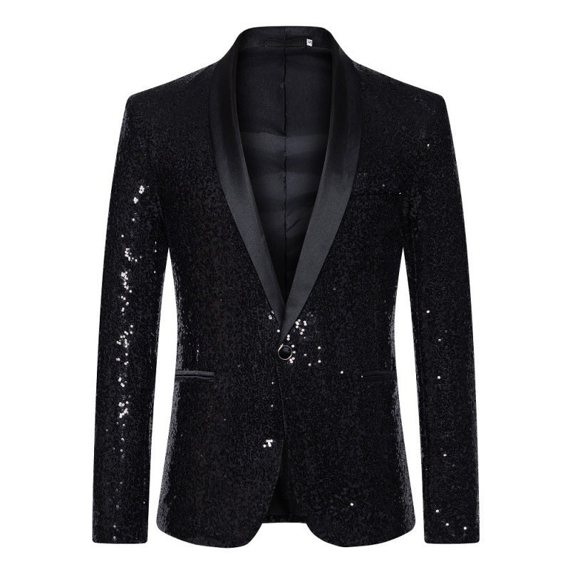 Front view: Men's stylish black sequin blazer, modern slim fit, ideal formal jacket for celebrations.