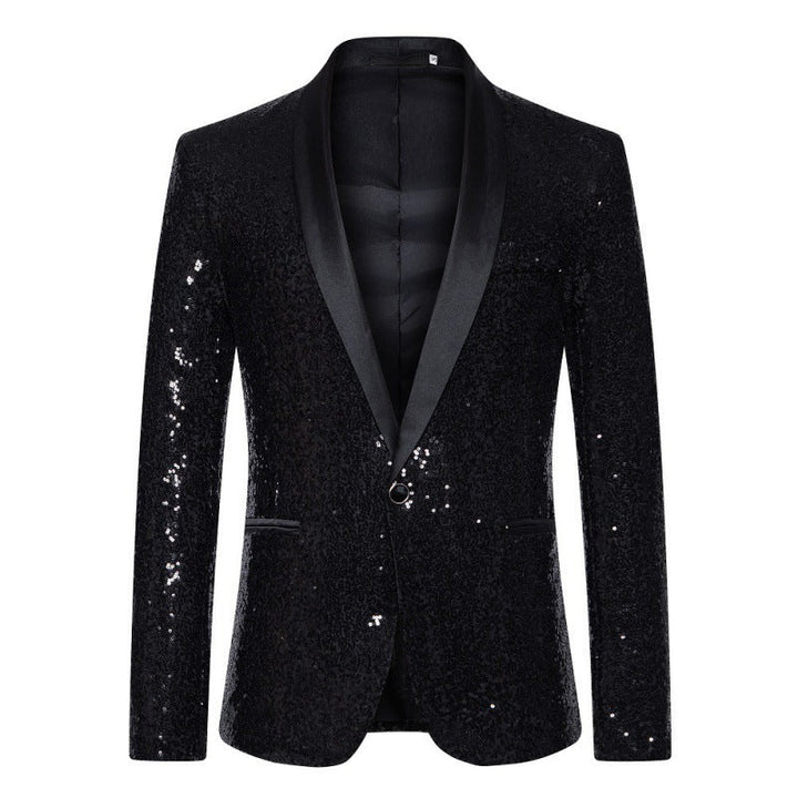 Front view: Men's stylish black sequin blazer, modern slim fit, ideal formal jacket for celebrations.