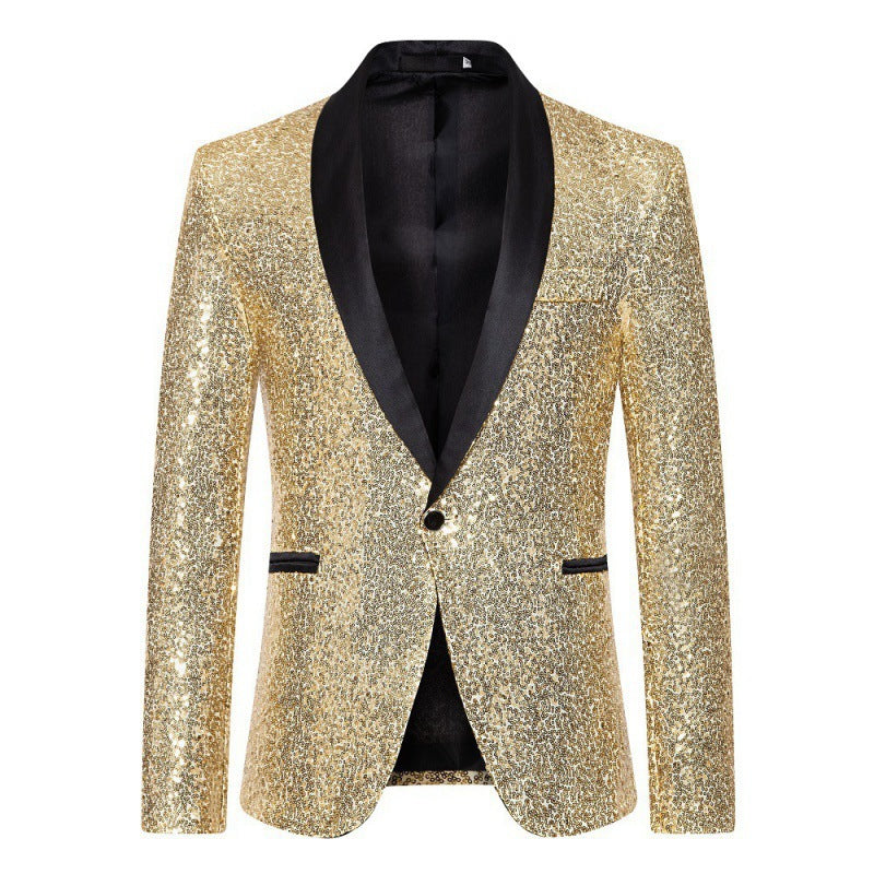 Sleek men's black sequin blazer, modern slim fit, showcasing its glamorous cut for party & event wear.