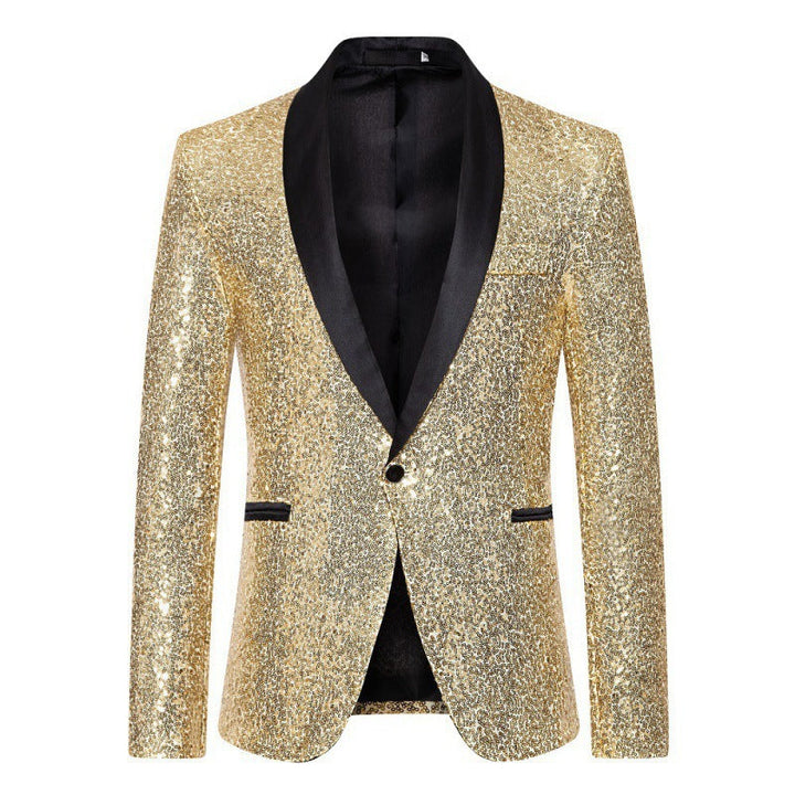 Sleek men's black sequin blazer, modern slim fit, showcasing its glamorous cut for party & event wear.