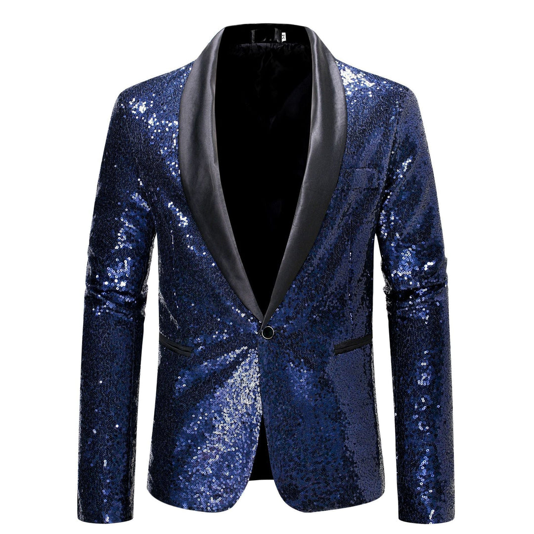 Close-up of shimmering black sequins on a men's glamorous slim fit party blazer, festive occasion.