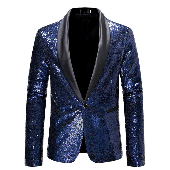 Close-up of shimmering black sequins on a men's glamorous slim fit party blazer, festive occasion.