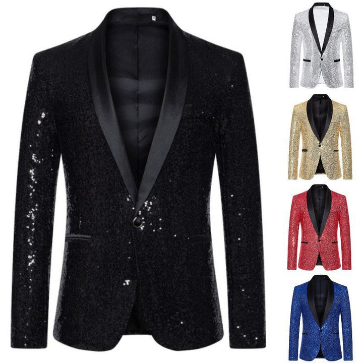 Elegant men's black sequin blazer, modern slim fit, designed for glamorous night outs & special events.
