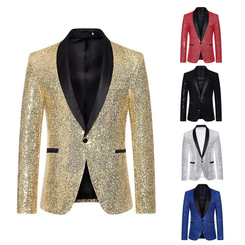 Modern fit men's black sequin blazer, a festive bling jacket, perfect for a stylish party or celebration.